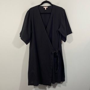 Eileen Fisher Women's Black Cotton/Linen Blend Short Sleeve Wrap Dress Size L